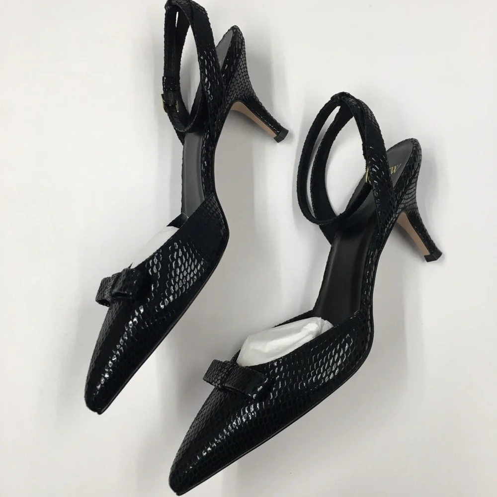 J Crew Snake Embossed Leather Kitten Heel Ankle Strap 8 Black Bow Wedding Party